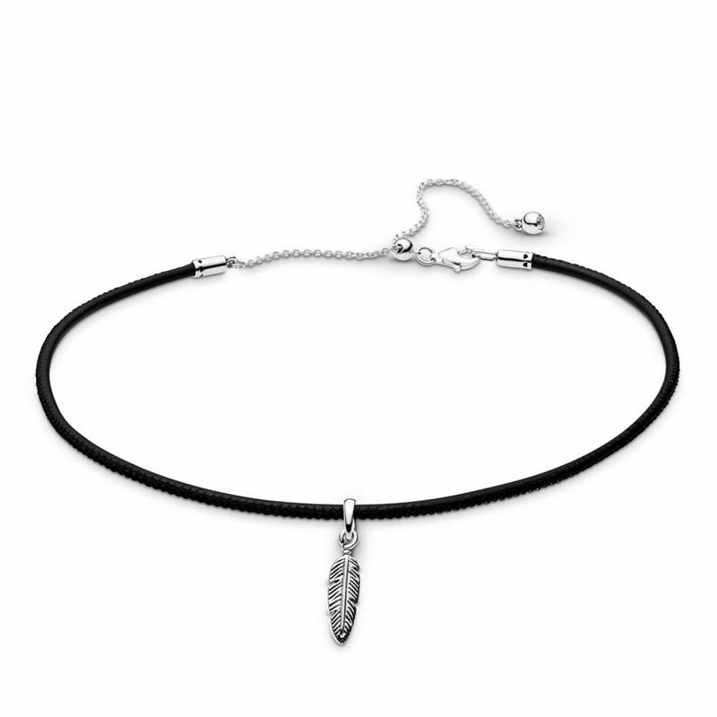 Pandora Black Leather Choker Necklace & Feather Pendant Online NZ, Sterling Silver (652491-RNT)